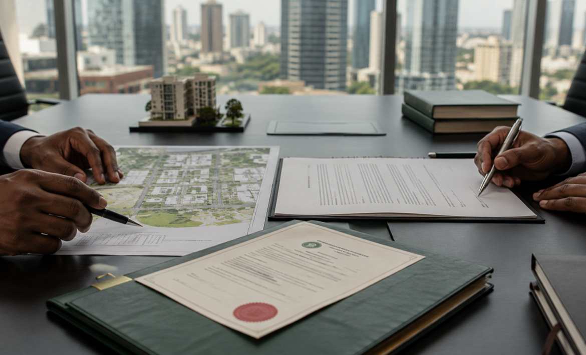 Real Estate Joint Venture Agreements in Kenya showing developers reviewing a shareholders agreement, architectural site plans and title documents in a Nairobi boardroom