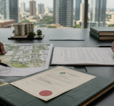 Real Estate Joint Venture Agreements in Kenya 15 Real Estate Joint Venture Agreements in Kenya showing developers reviewing a shareholders agreement, architectural site plans and title documents in a Nairobi boardroom