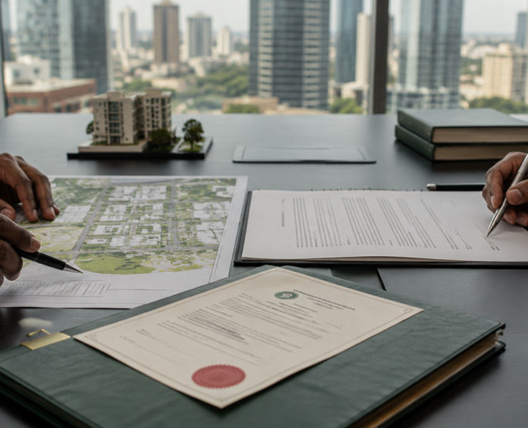 Real Estate Joint Venture Agreements in Kenya 1 Real Estate Joint Venture Agreements in Kenya showing developers reviewing a shareholders agreement, architectural site plans and title documents in a Nairobi boardroom